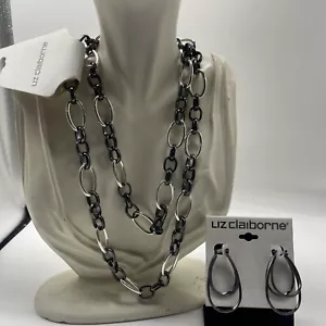 Liz Claiborne Mixed Metal Chain Link Necklace & Earrings Charcoal & Silver New - Picture 1 of 10