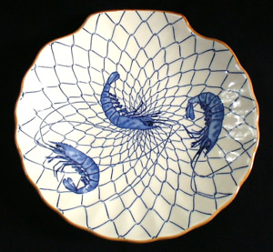 New~Vintage~ASAHI~Japan~BLUE SHRIMP~Fishing Net~CERAMIC~Seashell~12"~PLATTER