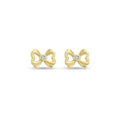 14K Real Solid Yellow Gold Dainty Ribbon Bow CZ Sleeper Stud Earrings Screw-back - Image 1 of 4