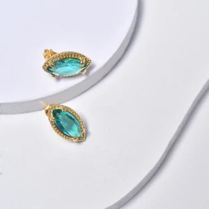 Green Earrings for Women in Yellow Gold Filled and Marquise Cubic Zirconia - Picture 1 of 7