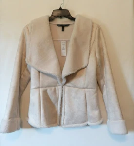 NEW! White House Black Market Faux Suede Shearling Drape Coat Medium Ivory $190 - Picture 1 of 12