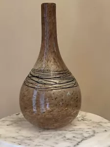 Vintage Murano Hand Blown Goose Neck Art Glass Vase Brown Clear Sparkle 13”H - Picture 1 of 9