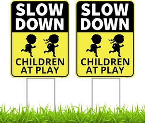 2PC Slow down Children at Play Safety Signs for Street with Stakes, 13"X17" - Do - Picture 1 of 12