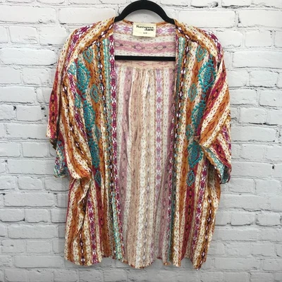 Savanna Jane Top Womens 2X Brown Open Front Aztec Embroidered Short Sleeve - Image 1 of 4