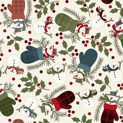 Cream Snowmen Flannel, Holly Jolly Flannel by Bonnie Sullivan, 42In Wide BTY - Image 1 of 4