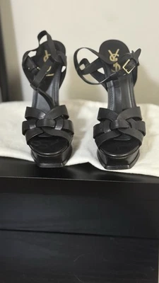 YVES SAINT LAURENT Leather Stiletto Platform Sandals High Heel Black 37  7 - Image 1 of 4
