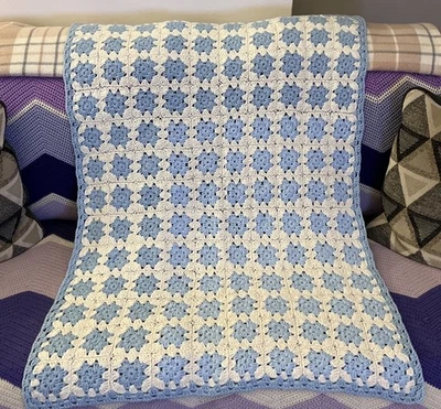 New Granny Squares Handmade Crocheted Baby Boy Afghan Blanket Blue & White - Image 1 of 4