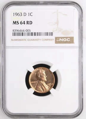 1963-D 1C Red Lincoln Cent, Type 3 Memorial Reverse NGC Certified MS 64 RD - Image 1 of 2