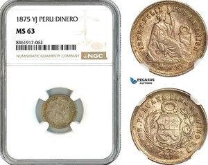 AK649, Peru, 1 Dinero 1875 YJ, Lima Mint, Silver, NGC MS63 - Picture 1 of 1