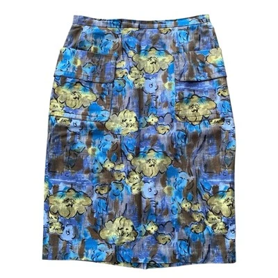 Falda Lápiz Plenty by Tracy Reese Floral Bolsillo Algodón Azul Amarillo Talla 6 Foto 1 de 4