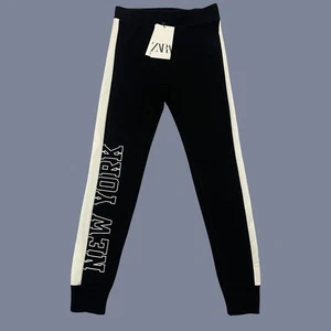 Zara Leggings Girls Size 11-12 Black Striped New York Logo Ribbed Stretch NEW - Picture 1 of 12