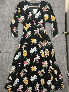 NWT Zara Long Shirt Maxi Dress Black Floral Boho Pockets 3/4 Sleeve Size XS - Picture 1 of 6