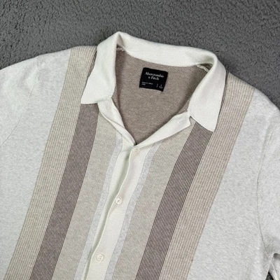 Abercrombie & Fitch Shirt Mens L Beige Sweater Polo Button Collared Striped - Image 1 of 4