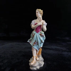 Antique German Porcelain Lady Figurine Holding Mask Flowered Dress - Picture 1 of 16