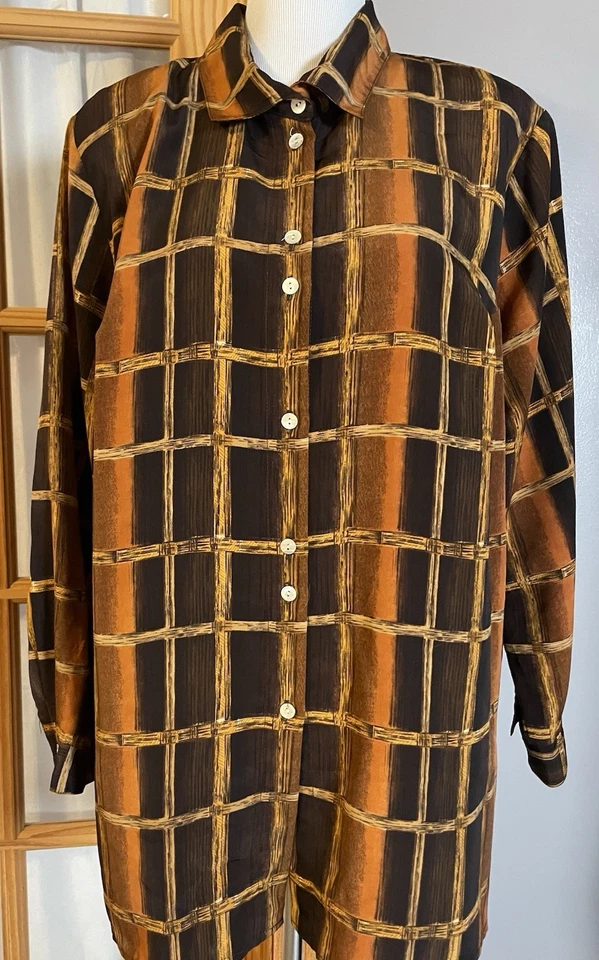 Camisa de satén a cuadros CCC años 80 20 W abotonada beige naranja manga larga carrera hecha en EE. UU. Foto 1 de 4