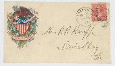 Mr Fancy Cancel 2C 西班牙美国战争爱国鹰和盾牌 LEBANON PA 1898 — 第 1/2 张图片