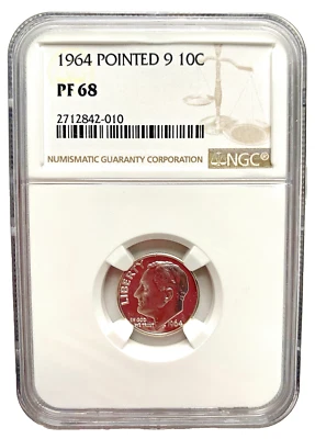 1964 POINTED 9 SILVER ROOSEVELT DIME PF 68 - great price - BEAUTIFUL SHINY PROOF - Image 1 of 2