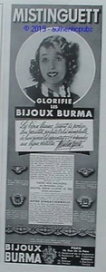 PUBLICITE BIJOUX BURMA VEDETTE MESSAGE DE MISTINGUETT STAR DE 1938 FRENCH AD PUB - Foto 1 di 1