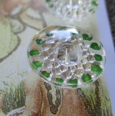 Set of 4~ Vintage 3/4" Painted Green  Dot Crystal Glass Buttons~Pre WWII~ NOS - Image 1 of 2