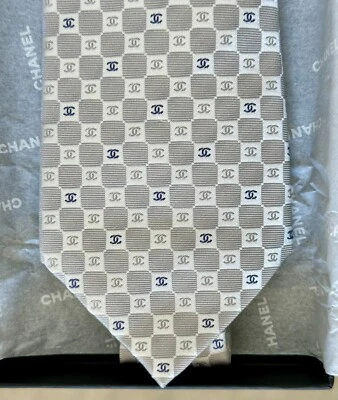 Chanel Tie Checker Pattern Tie Unworn Silver & White - Image 1 of 4
