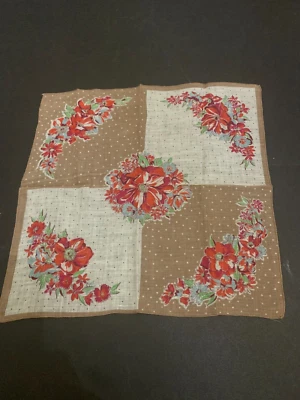 Vintage 1950's Brown With Multicolor Florals Cotton Flower Women's Handkerchief - Image 1 of 2