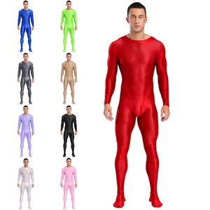 Mens Glossy Stretchy Jumpsuit Sports Fitness Gym Bodystocking Bodysuit Catsuit - Picture 1 of 118