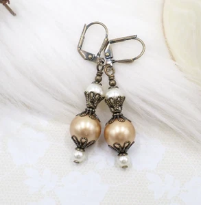 Handmade Gold and Cream Faux Pearl Victorian Style Filigree Drop Earrings - Picture 1 of 8