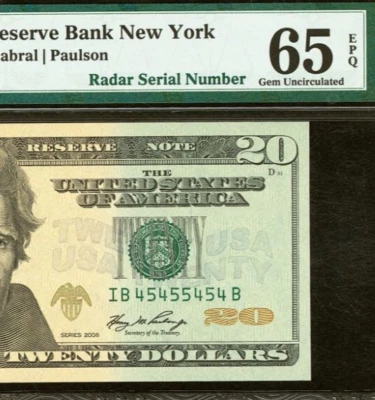 2006 $20 Federal Reserve Note PMG 65EPQ - Fancy Radar Serial Number 45455454 - Image 1 of 3