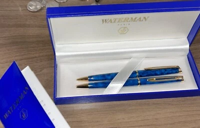 Juego de bolígrafos y lápices WATERMAN 23,6 quilates oro sobre rodio/azul vintage Foto 1 de 4