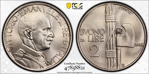 ITALY KINGDOM 1923-R 2 LIRE COIN, GEM UNCIRCULATED, PCGS CERTIFIED MS65 - Picture 1 of 6