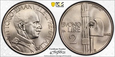 ITALY  KINGDOM  1923-R   2 LIRE COIN, GEM UNCIRCULATED, PCGS CERTIFIED MS65 - Image 1 of 4