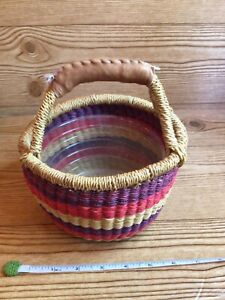Vintage Hand Woven African Bolga Style Market Plant Basket with Leather Handle