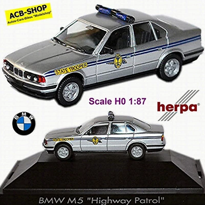 BMW M5 E34 US Police Highway Patrol State Trooper Metallo Argentato 1:87 Herpa - Immagine 1 di 4