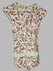 Vintage Smock Apron Pink Brown Floral Green Trim Back Button & Tie With Pockets - Picture 1 of 6
