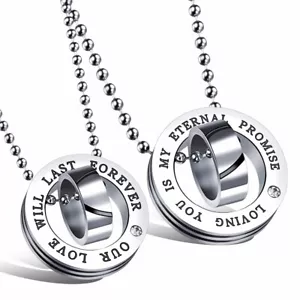 EDELSTAHL PARTNER KETTEN HERZ ANHÄNGER ZIRKONIA PÄRCHEN KETTE GRAVUR GESCHENK - Bild 1 von 7