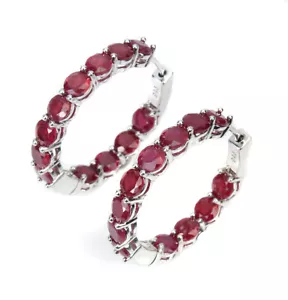 Heated Round Ruby 4.5mm 14K White Gold Plate 925 Sterling Silver Hoop Earrings - Picture 1 of 10