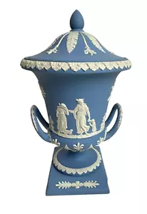 WEDGWOOD BLUE JASPERWARE PEDESTAL CAMPAGNA VASE WITH LID 12” TALL - Picture 1 of 17