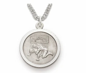 STERLING SILVER BOYS WRESTLING ST CHRISTOPHER ON BACK MEDAL NECKLACE & CHAIN - Picture 1 of 2