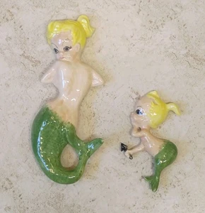 Vintage Ceramic Mermaid Wall Plaques Blond Hair Green Tail Set Of 2 1980s - Picture 1 of 18