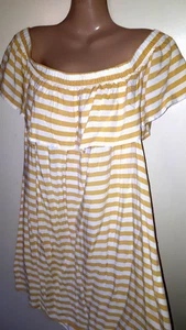Ladies 18 yellow mix stripe pattern stretchy on/off shoulder short summer dress - Picture 1 of 6