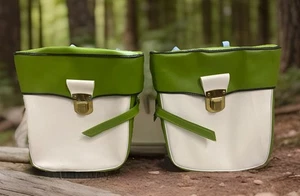 Vintage Retro Vinyl Bicycle Saddle Bags Pair Green & White Italy Made - Picture 1 of 13