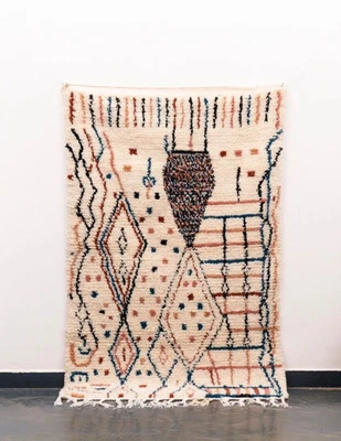 3x5 Handmade Moroccan Small White Area Rug Azilal Wool Beni Living room - Image 1 of 4