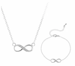 9ct Silver Plated, Cubic Zirconia , Two Piece Infinity, Chain & Bracelet Set - Picture 1 of 3