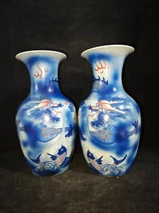 13 Zoll alte antike Qing-Dynastie Qianlong Markierung blau weiß Porzellan Paar Drachenvase - Bild 1 von 9