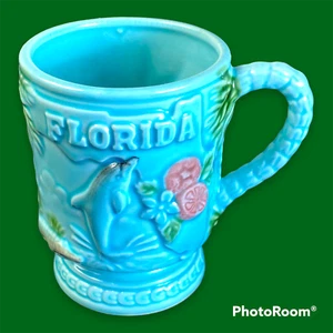 Vintage Florida Mug Porcelain Blue Dolphin Flamingo Palm Tree Gator - Picture 1 of 8