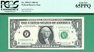 LOW SERIAL F00000271A - 1969 $1 FRN - PCGS GEM 65 PPQ - Fr 1903-F ATLANTA - Picture 1 of 2