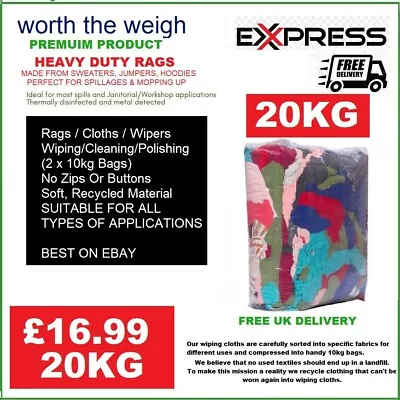20kg Bag Mixed Coloured Heavy Duty Cleaning Rags / Wipers Ideal For Spillage • 18.99£