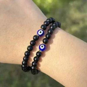 Black Tourmaline with Blue Evil Eye Round Bead Bracelet Healing Gift Unisex Gift - Picture 1 of 8