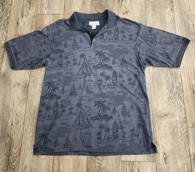 休闲度假 Polo 宽鬆 Vibe 帆船灯塔 棕榈树 灰色 黑色 复古 — 第 1/4 张图片