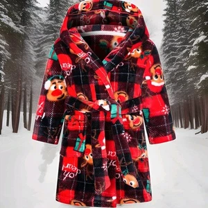 Kid's Robe Plush Fleece Reindeer Medium Unisex SUPER SOFT Plush, Pockets & Hood - Picture 1 of 3